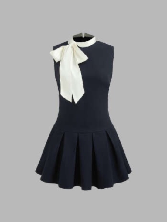 Cider Dresses & Skirts - Cider Black Drop Waist Stand Collar Solid Bowknot Pleated Mini Dress Size L/8